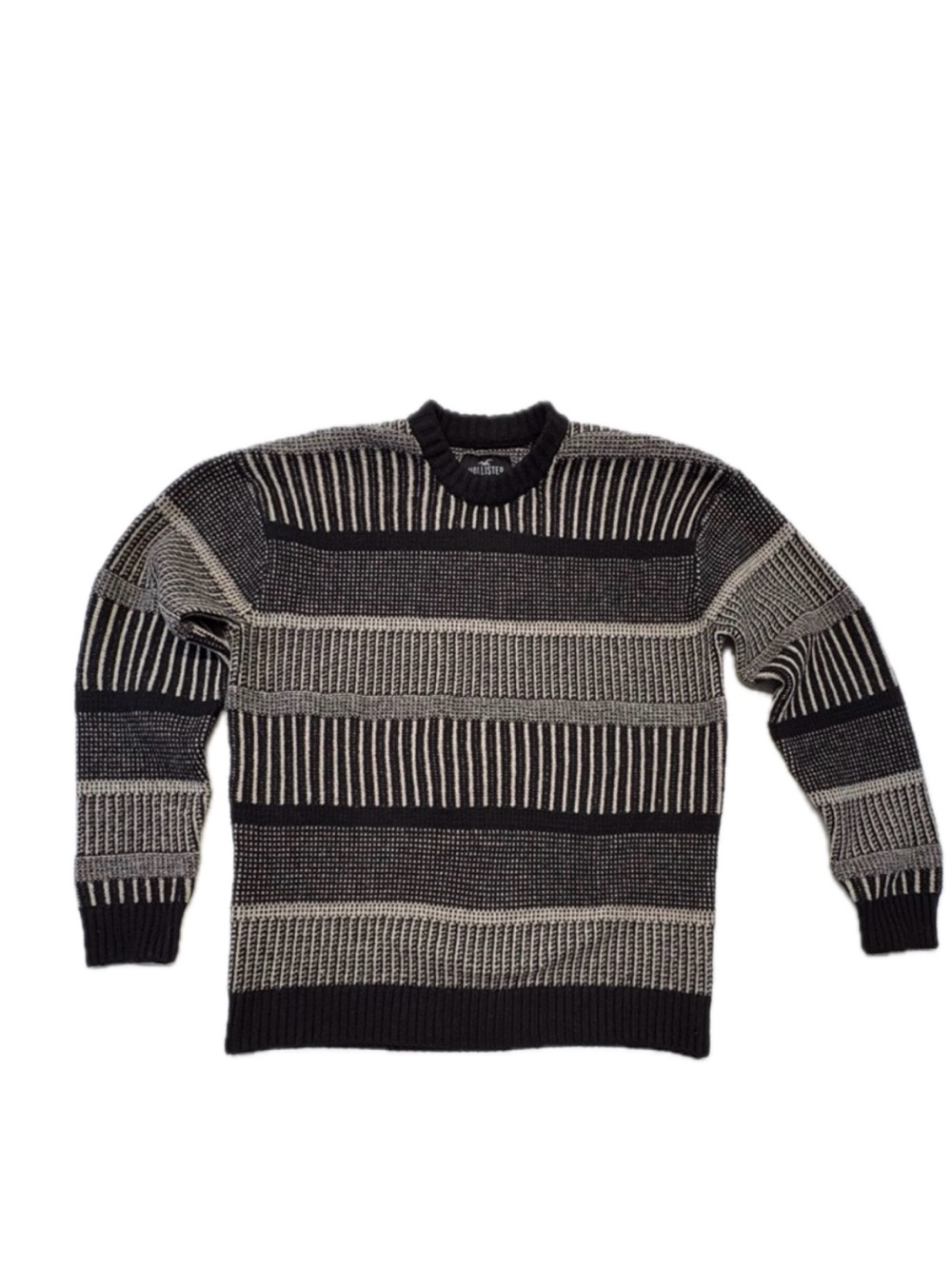 Hollister Black and Gray Striped Crewneck Knit Sweater